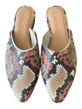Madewell Snake-Print Pointed Mules in Black, Tan & Coral
